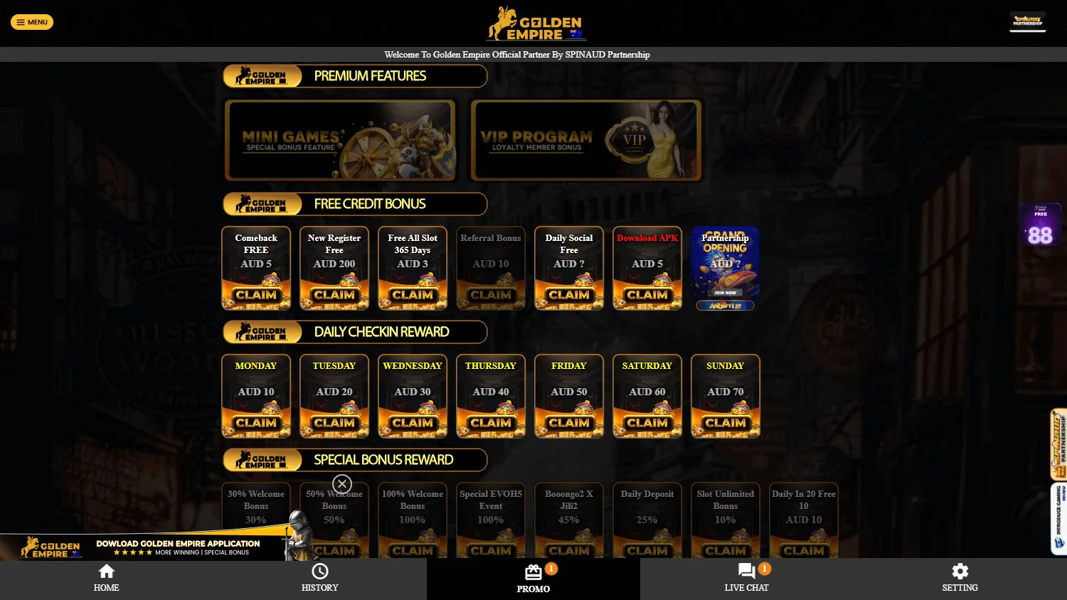 Golden Empire Casino promotions on desktop